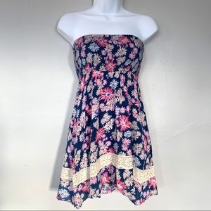 Roxy Strapless Floral Dress - Navy and Pink